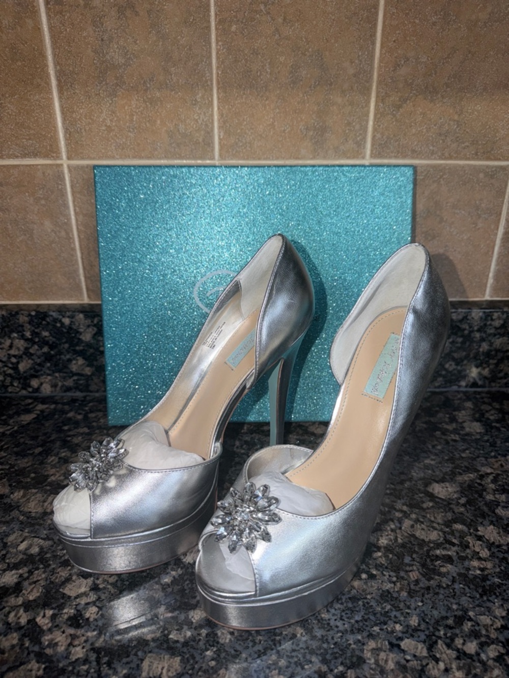 Vintage Betsy Johnson Silver Peep-Toe Platform Heels with Crystal Accent